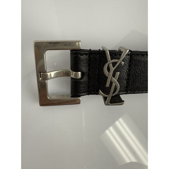 Saint Laurent Black Leather YSL Silver Hardware Women's Belt 75" Length - Picture 6 of 7